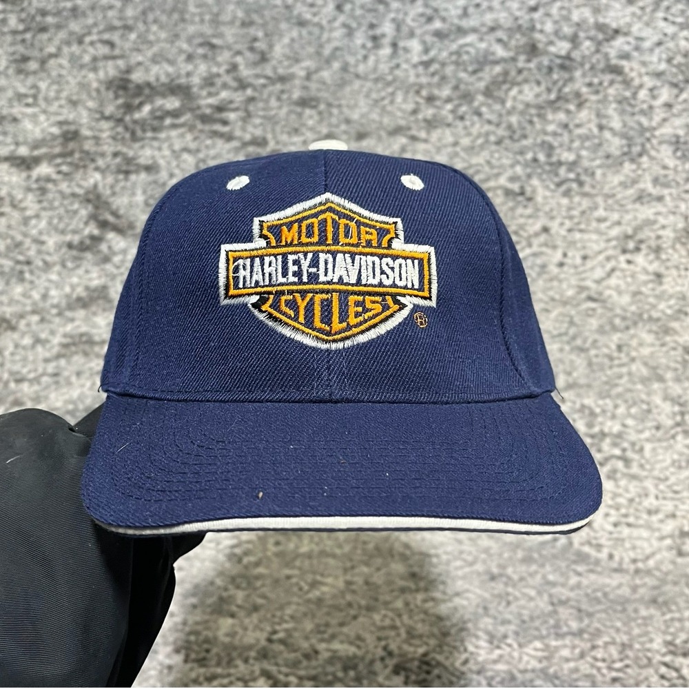Harley Davidson Hat Embroidered Blue Orange Logo Biker Adjustable Cap‎